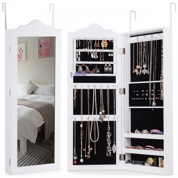 Wall mounted jewelry armoire with full-size mirror, featuring 4 shelves, 23 hooks, and 72 ring slots for organized.