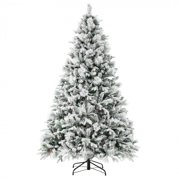 7 ft artificial Xmas tree with white flocking, pine cones, and 320 LED lights for festive home decoration.