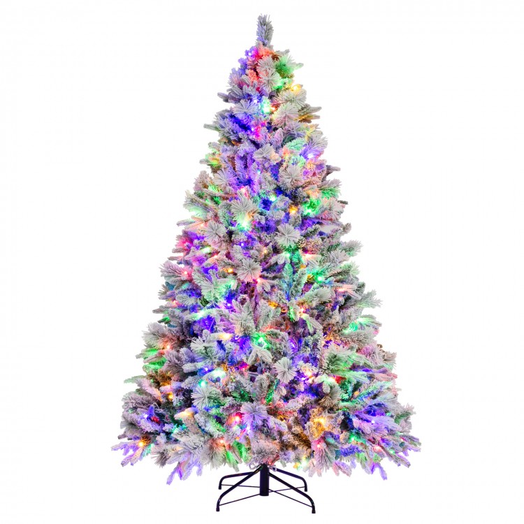7-foot artificial Xmas tree with white flocking, 320 LED lights, and pine cones, perfect for festive home decor.