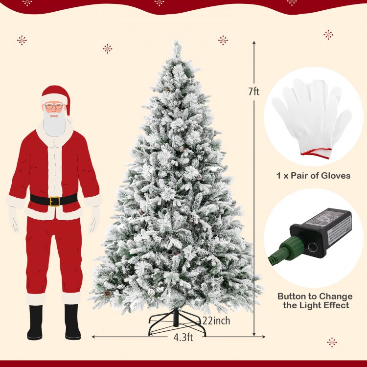 7 ft artificial Xmas tree with white flocking, 320 LED lights, and 40 pine cones, perfect for festive home decor.
