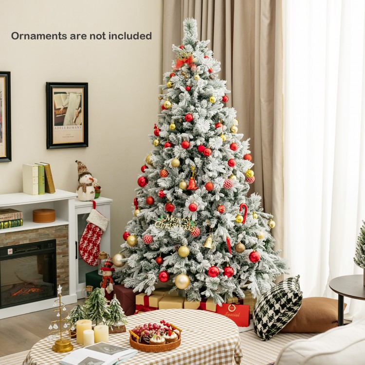 7-foot artificial Xmas tree with white flocking, LED lights, and pine cones, perfect for festive home decoration.