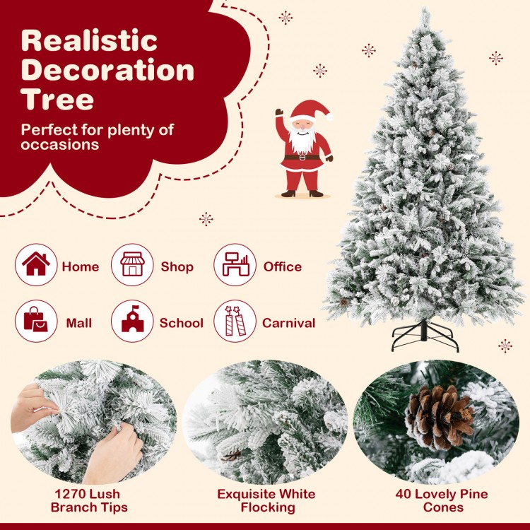 7 ft artificial Xmas tree with 1270 lush branch tips, white flocking, and 320 LED lights for festive decoration.
