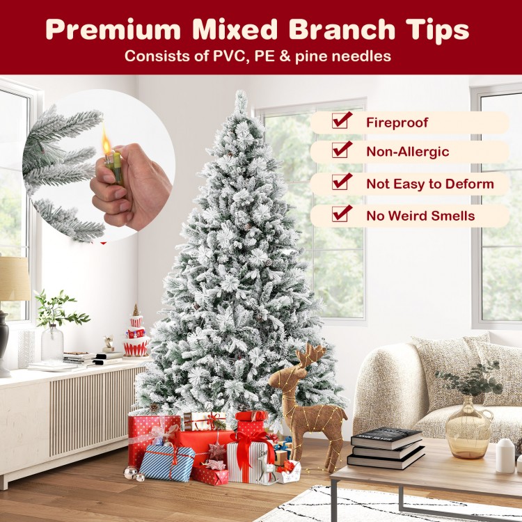 7 ft artificial Xmas tree with white flocking, 320 LED lights, and pine cones, perfect for festive home decoration.