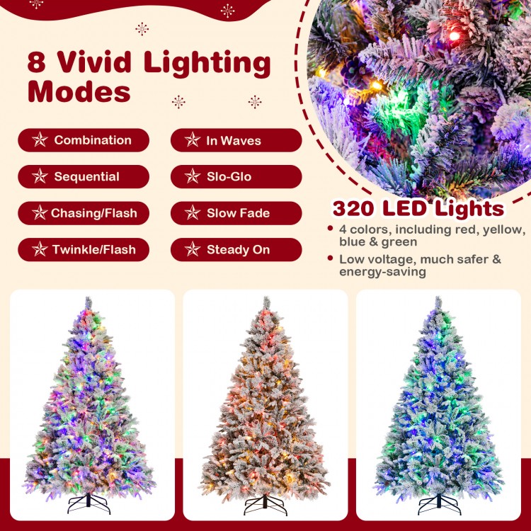 7 ft artificial Xmas tree with 320 LED lights, flocked branches, and 8 lighting modes for festive decoration.