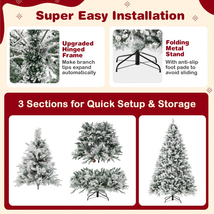 7-foot artificial Xmas tree with white flocking, 320 LED lights, and a folding metal stand for easy setup and storage.