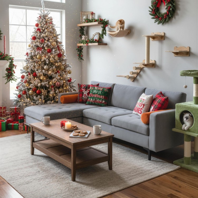 7-foot artificial Christmas tree with flocked branches, pine cones, and multicolor LED lights, perfect for festive.