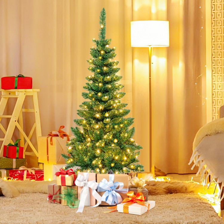 4.5 ft pre-lit pencil Christmas tree with warm white LED lights, featuring a slim design and realistic branch tips.