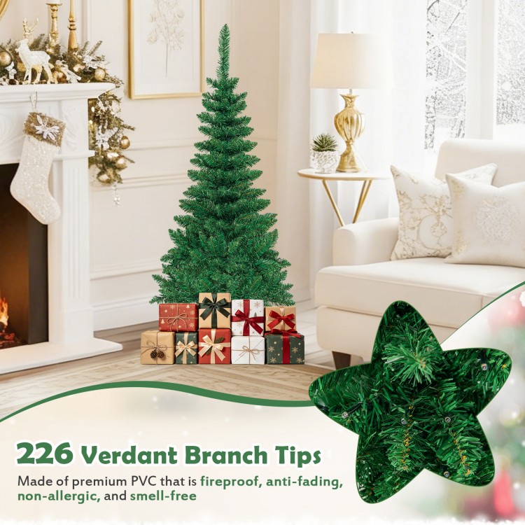 4.5 ft pre-lit artificial fir pencil Christmas tree with 150 LED lights, featuring 226 branch tips for a realistic look.