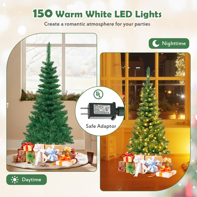 4.5 ft pre-lit artificial fir pencil Christmas tree with 150 warm white LED lights, perfect for narrow spaces and.
