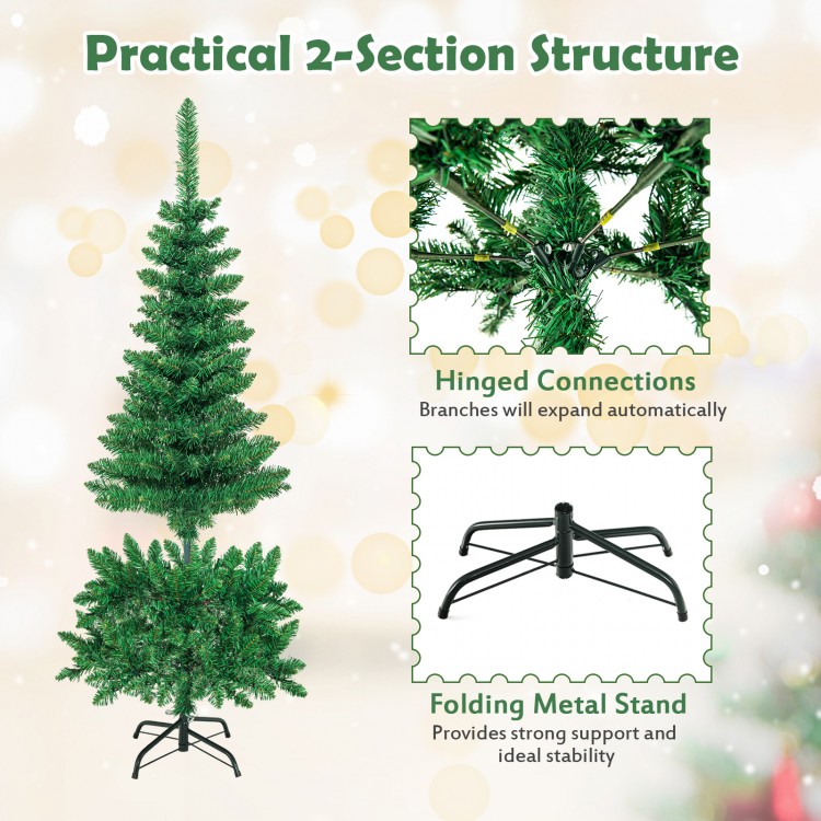 4.5 ft pre-lit artificial fir pencil Christmas tree with 150 LED lights, featuring a hinged design and sturdy metal.