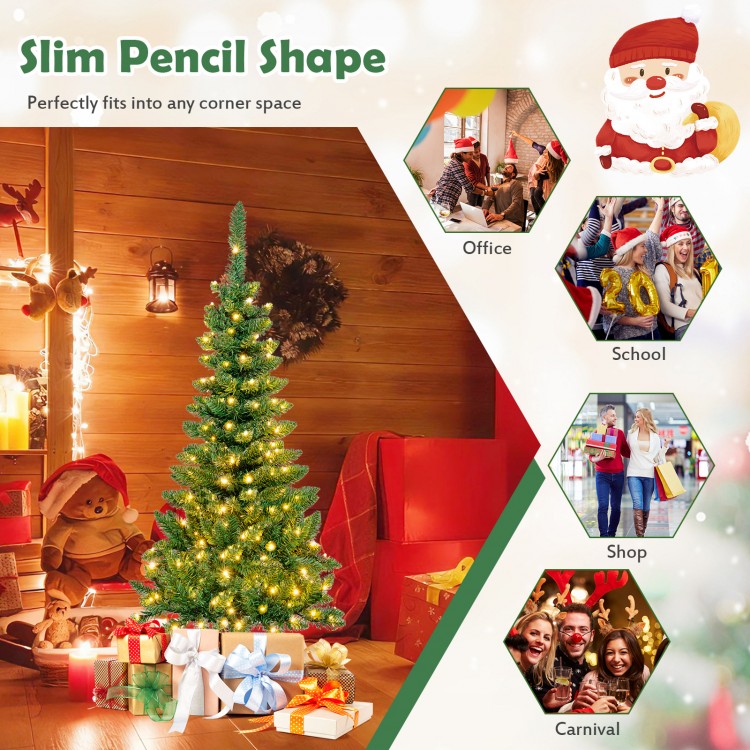 4.5 ft pre-lit slim pencil Christmas tree with 150 warm white LED lights, perfect for narrow spaces in homes or offices.