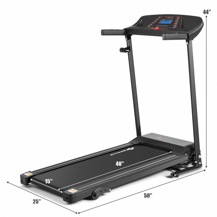Foldable electric treadmill with LCD screen, adjustable speed settings, and compact design for indoor exercise.