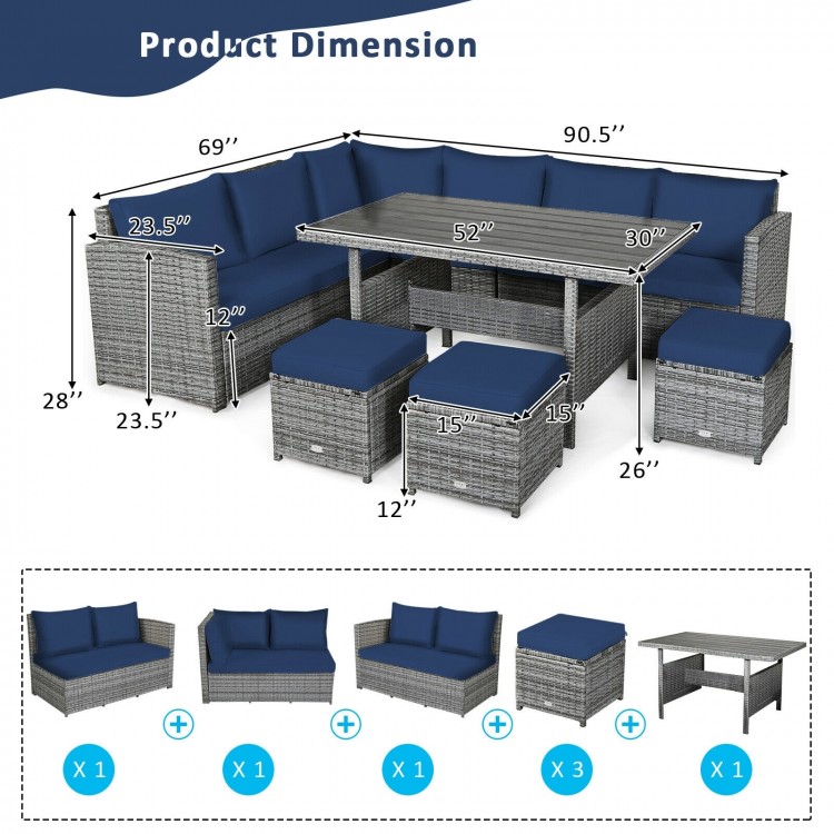 Dimension chart of the 7-piece patio rattan dining set with navy cushions, showcasing sizes of all components for.