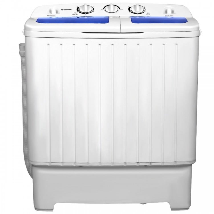 Compact twin tub washing machine featuring a powerful design with a drainage tube, perfect for dorms and small spaces.