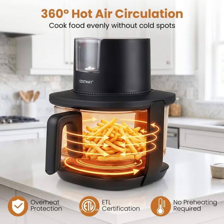 4.5L black glass air fryer with steam frying mode and 360° hot air circulation for healthier, evenly cooked meals.