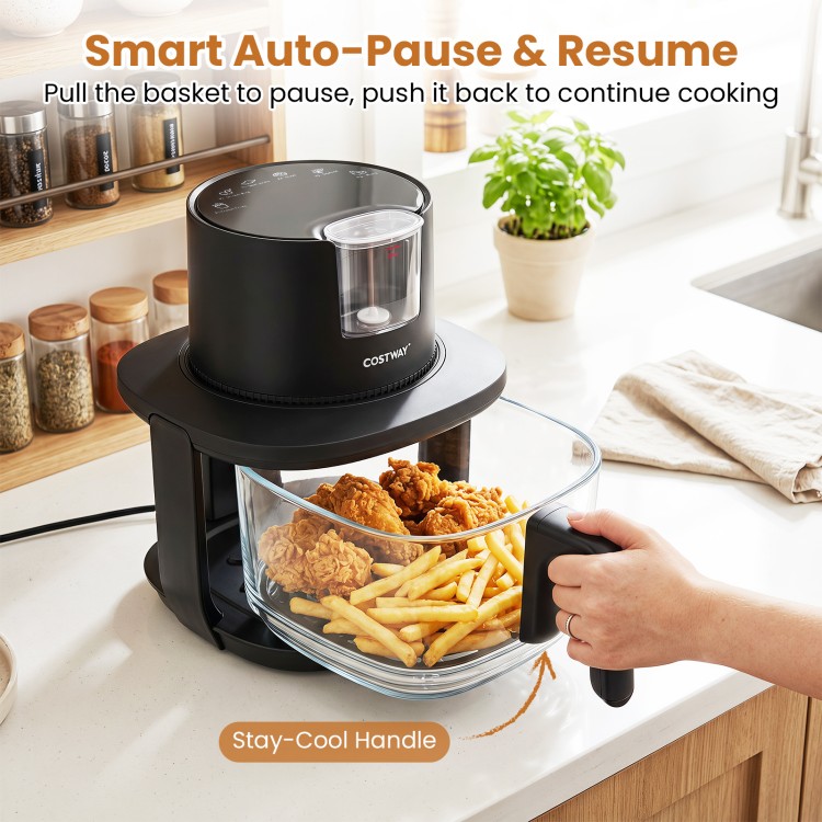 4.5L black glass air fryer with steam frying mode, featuring a stay-cool handle and smart auto-pause for convenient cooking.