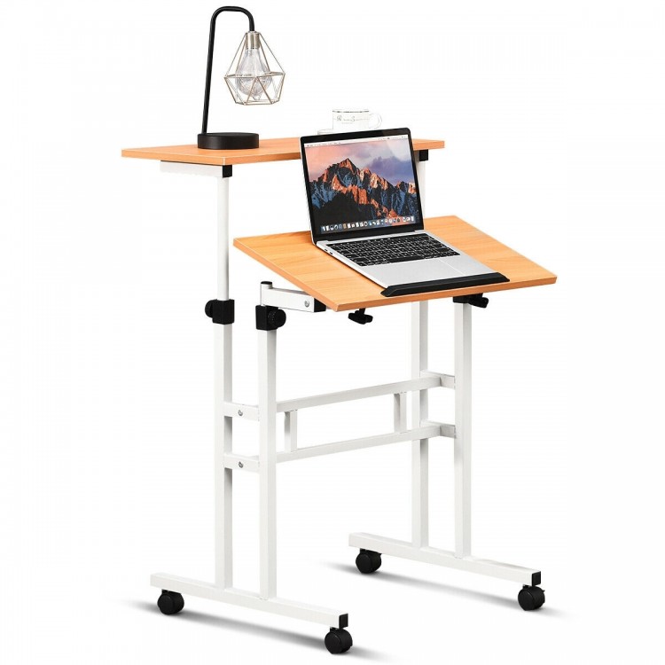 Height adjustable 2 in 1 computer desk with split-top design, tilting surface, and rolling wheels for versatile use.