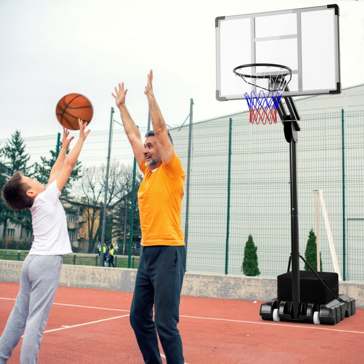 Adjustable basketball hoop with shatterproof backboard, suitable for all ages, ideal for indoor and outdoor play.