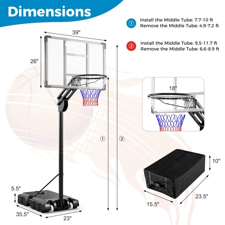 Adjustable basketball hoop dimensions with shatterproof backboard, suitable for indoor and outdoor use.