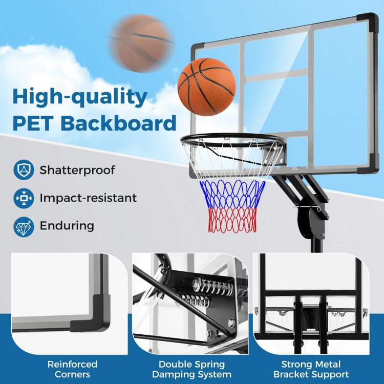 Adjustable basketball hoop with shatterproof PET backboard, reinforced metal support, and portable design for.