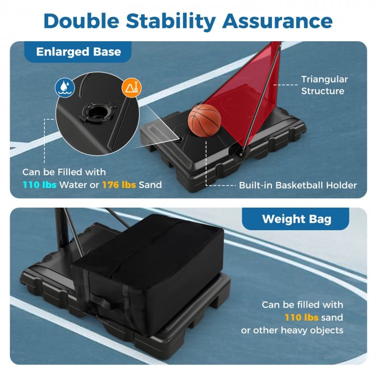 Close-up of the fillable base and weight bag for the adjustable basketball hoop, ensuring enhanced stability and.
