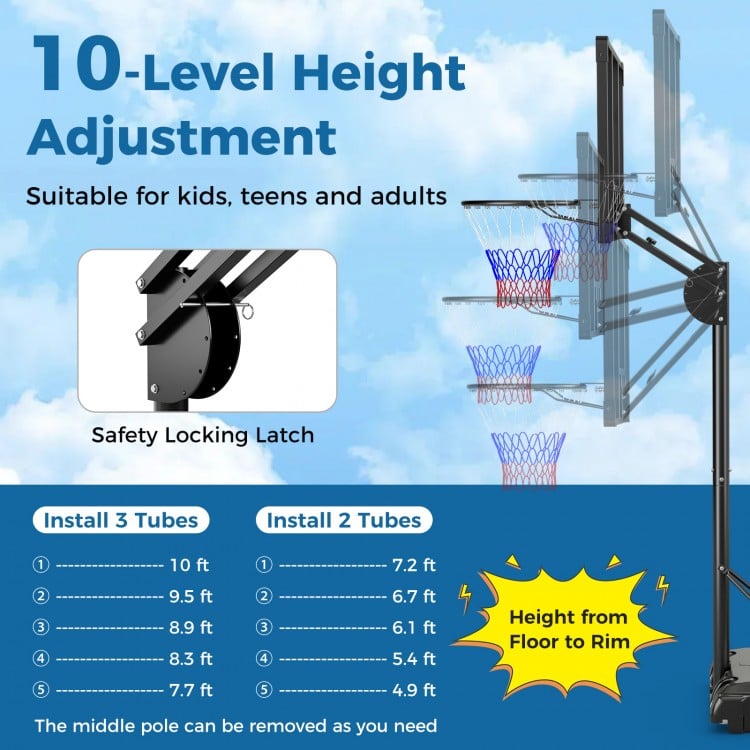 Adjustable basketball hoop with shatterproof backboard, 10 height levels, suitable for indoor and outdoor use.