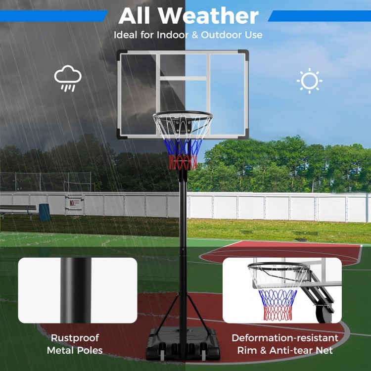 Adjustable basketball hoop with shatterproof backboard, rustproof metal poles, ideal for indoor and outdoor use.