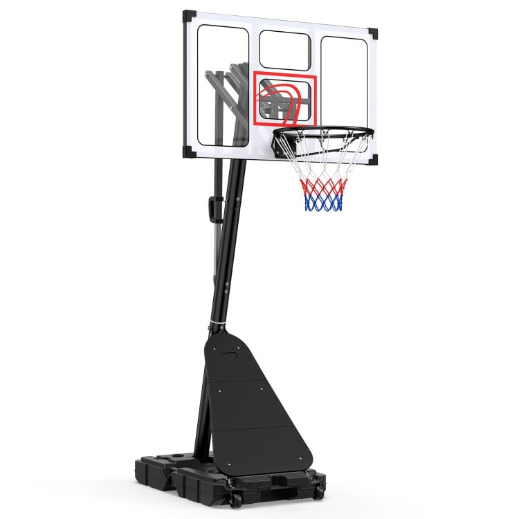 Adjustable portable basketball hoop with a fillable base, featuring a large rebounder board for versatile play.