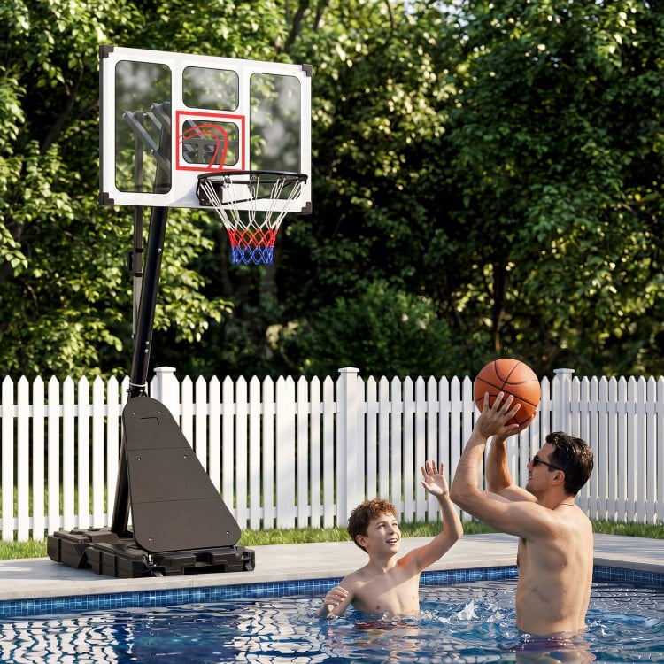 Portable basketball hoop adjustable from 4.9-10 feet, with a fillable base, perfect for poolside fun and training.