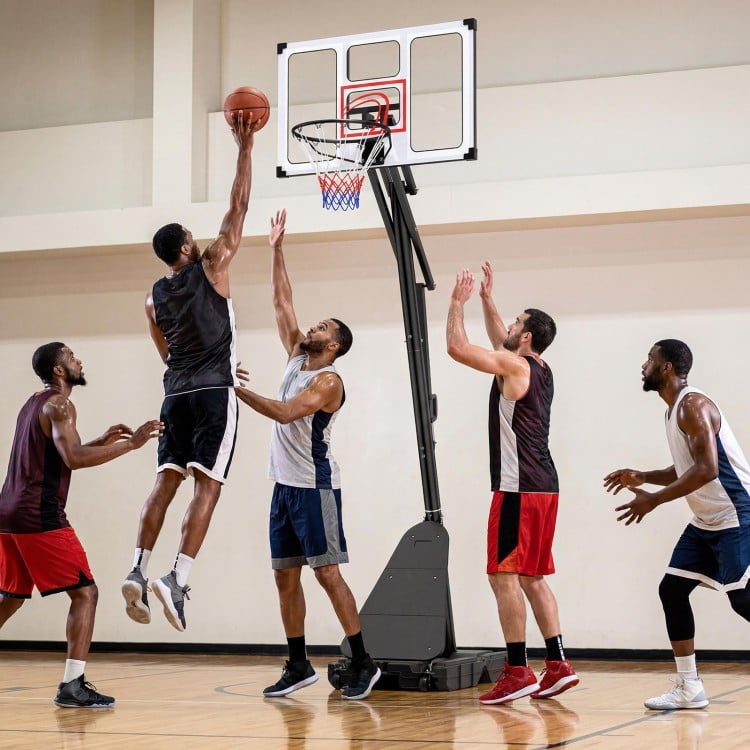 Portable basketball hoop with adjustable height from 4.9-10 feet, featuring a fillable base and large rebounder board.
