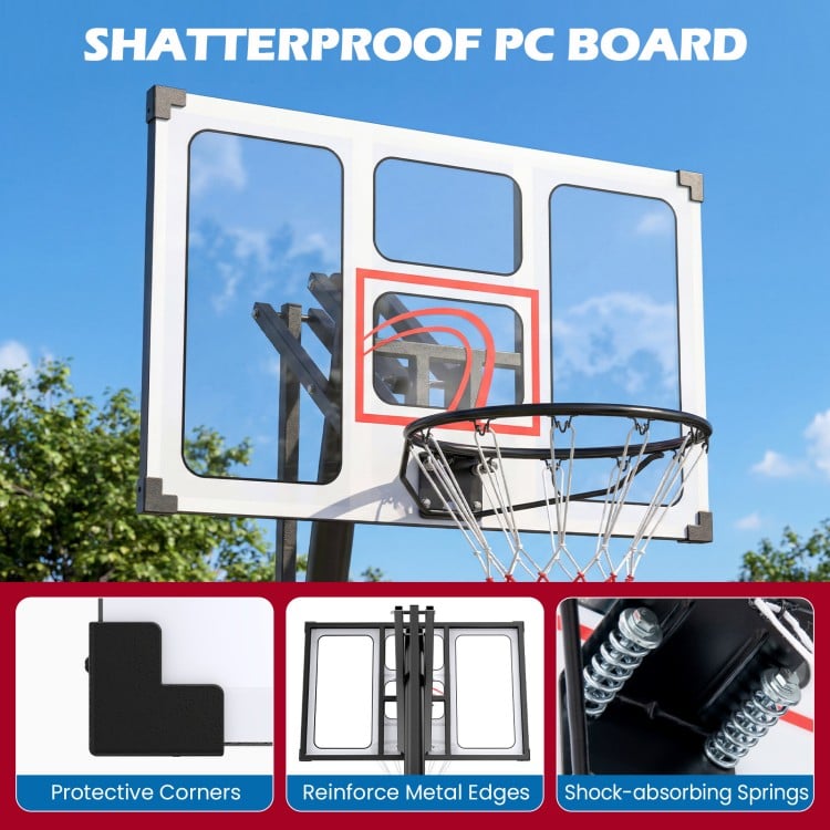 Close-up of the shatterproof PC board with protective corners and reinforced metal edges for the portable basketball.