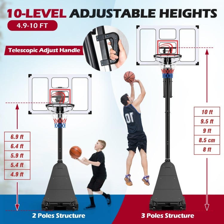 Portable basketball hoop with adjustable heights from 4.9 to 10 ft, featuring a fillable base and reinforced board.