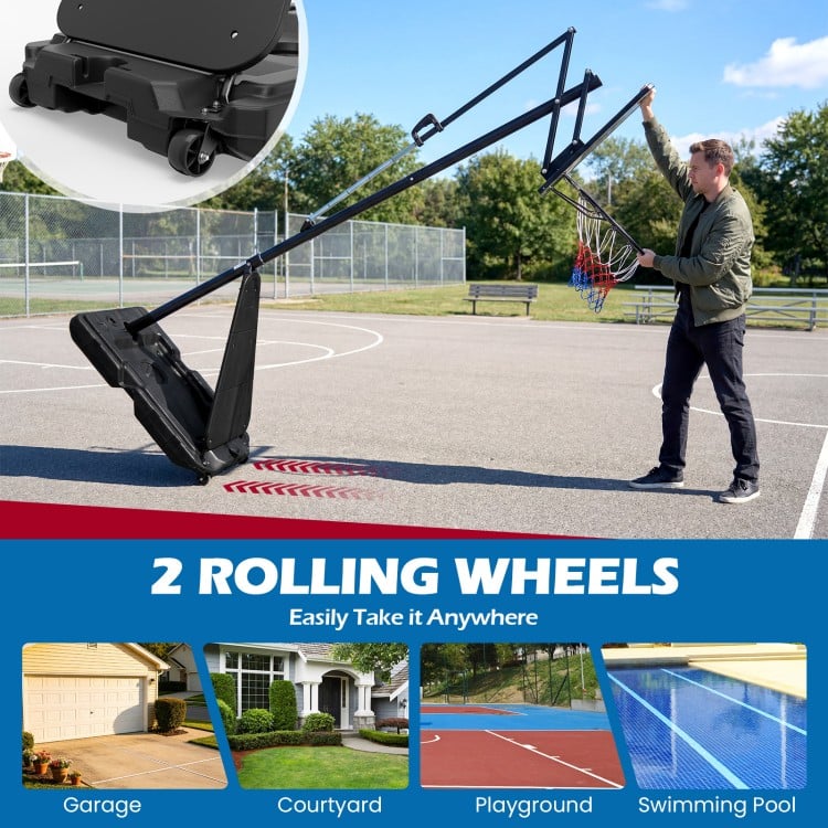 Portable basketball hoop with adjustable height from 4.9-10 ft, featuring a fillable base and 2 rolling wheels for easy.