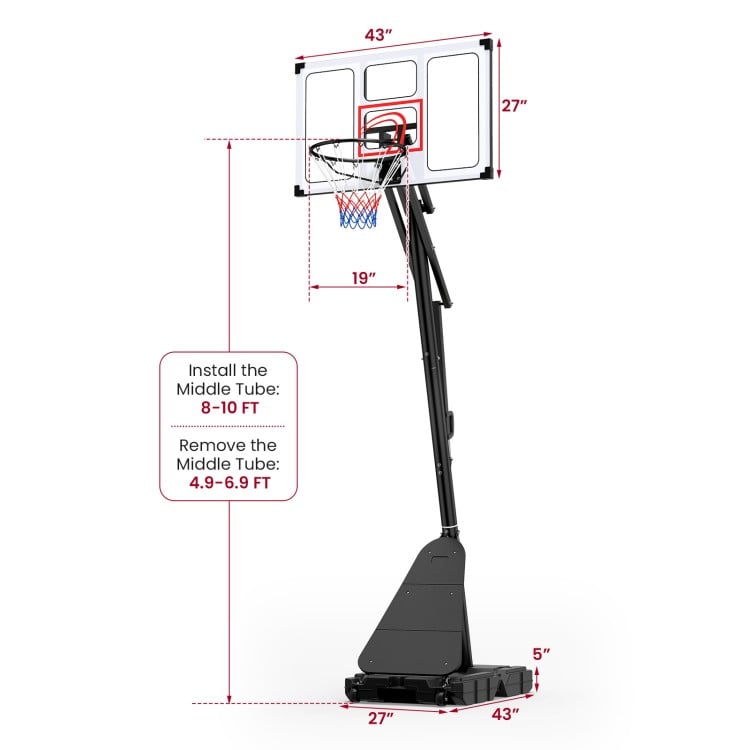 Adjustable 4.9-10 feet portable basketball hoop with fillable base, shown with dimensions for versatile placement.