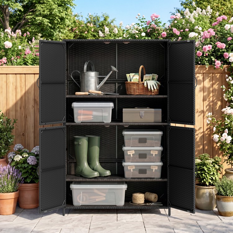 4-door vertical storage shed in black rattan with adjustable shelves, ideal for garden and backyard organization.