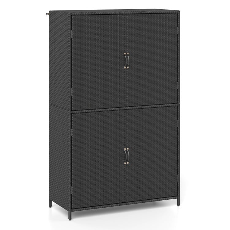 Black 4-door rattan vertical storage shed showcasing a durable metal frame, perfect for outdoor organization and.