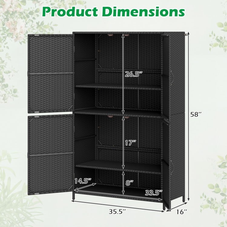 4-door black rattan vertical storage shed with adjustable shelves, measuring 35.5" x 16" x 58", ideal for outdoor use.