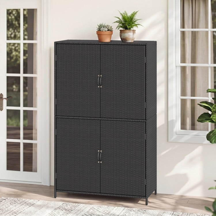 4-door black rattan vertical storage shed with adjustable shelves, ideal for gardens and outdoor spaces.