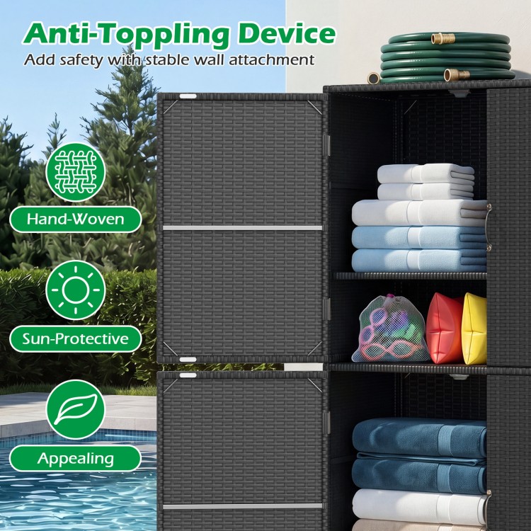 Hand-woven black PE rattan vertical storage shed featuring an anti-toppling device, perfect for secure outdoor.