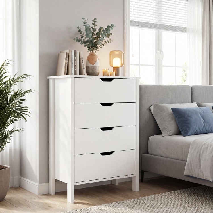 4-drawer wooden nightstand in white with minimalist design, suitable for bedroom or living room organization.