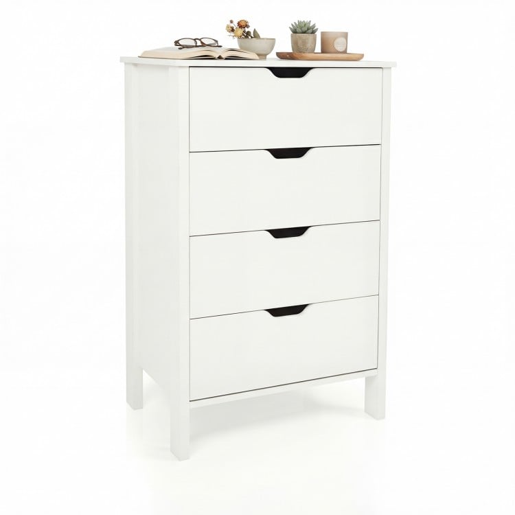 White 4-drawer dresser with minimalist design, cut-out handles, and anti-tipping kits for safe organization in any room.