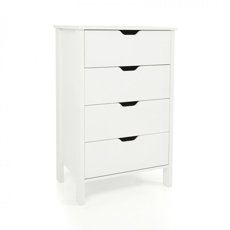 4-drawer white wooden dresser with minimalist design, anti-tipping kits, and cut-out handles for versatile storage.