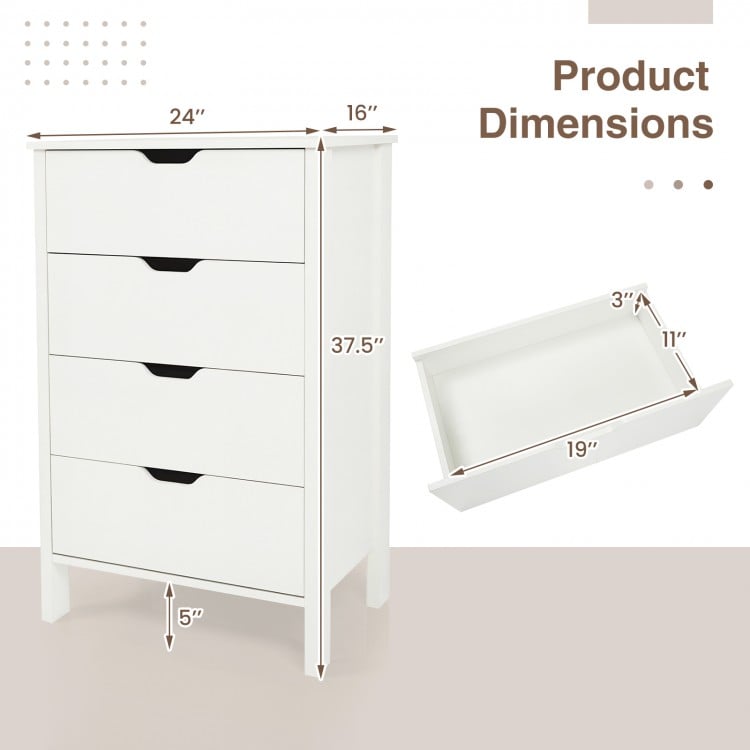 4-drawer white wooden dresser with dimensions, featuring anti-tipping kits and minimalist design for versatile use.