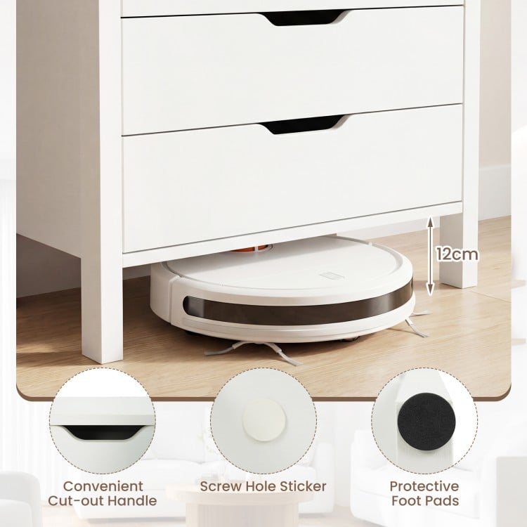 4-drawer white wooden nightstand with cut-out handles and protective foot pads, ideal for bedroom or living room.
