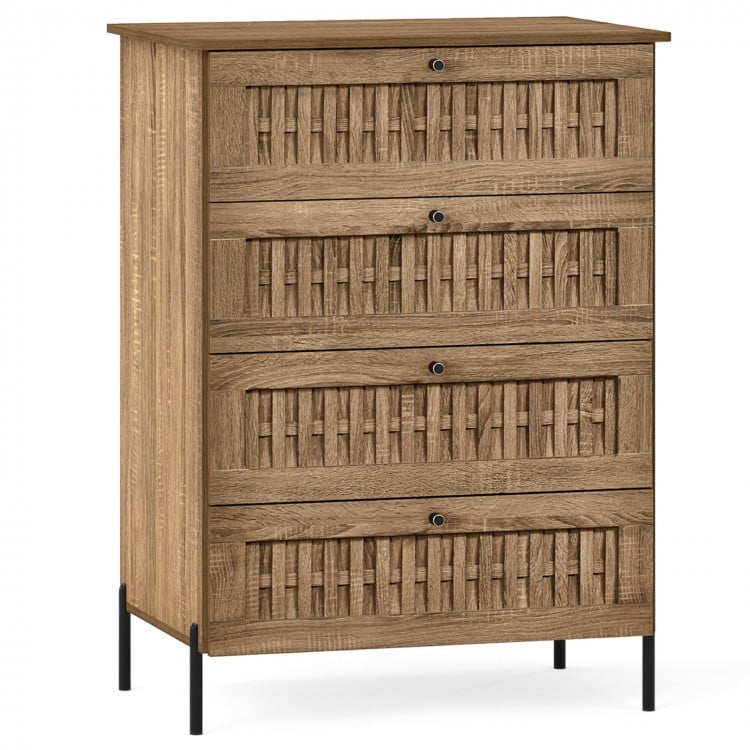 4-drawer dresser in oak with rattan-textured fronts and metal legs, perfect for stylish bedroom storage.