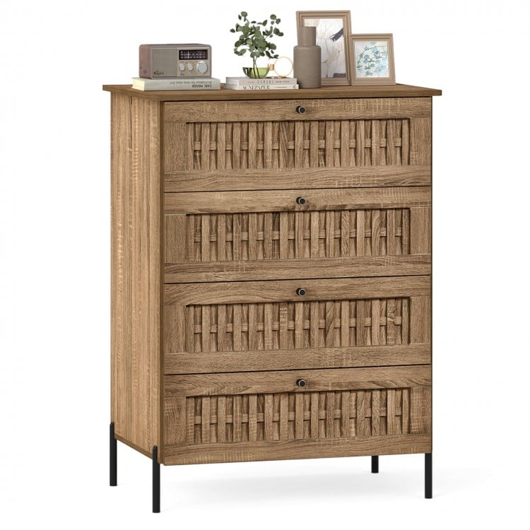 4-drawer dresser in oak with rattan-textured fronts and metal legs, ideal for bedroom or living room storage.