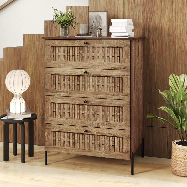4-drawer dresser in oak with rattan-textured fronts and metal legs, ideal for stylish bedroom storage.