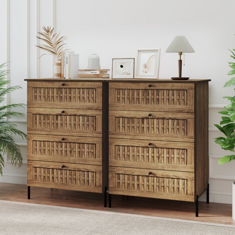 4-drawer dresser with oak wood grain finish and rattan-textured fronts, featuring metal legs for bedroom storage.