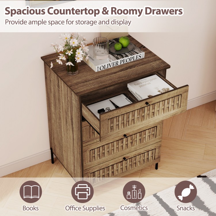 4-drawer dresser in oak with rattan-textured fronts, featuring spacious storage and metal legs for bedroom or living.