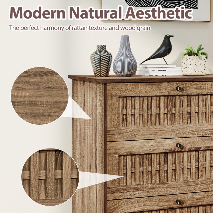 Close-up of rattan-textured drawer fronts on a 4-drawer dresser with oak finish, ideal for bedroom storage.
